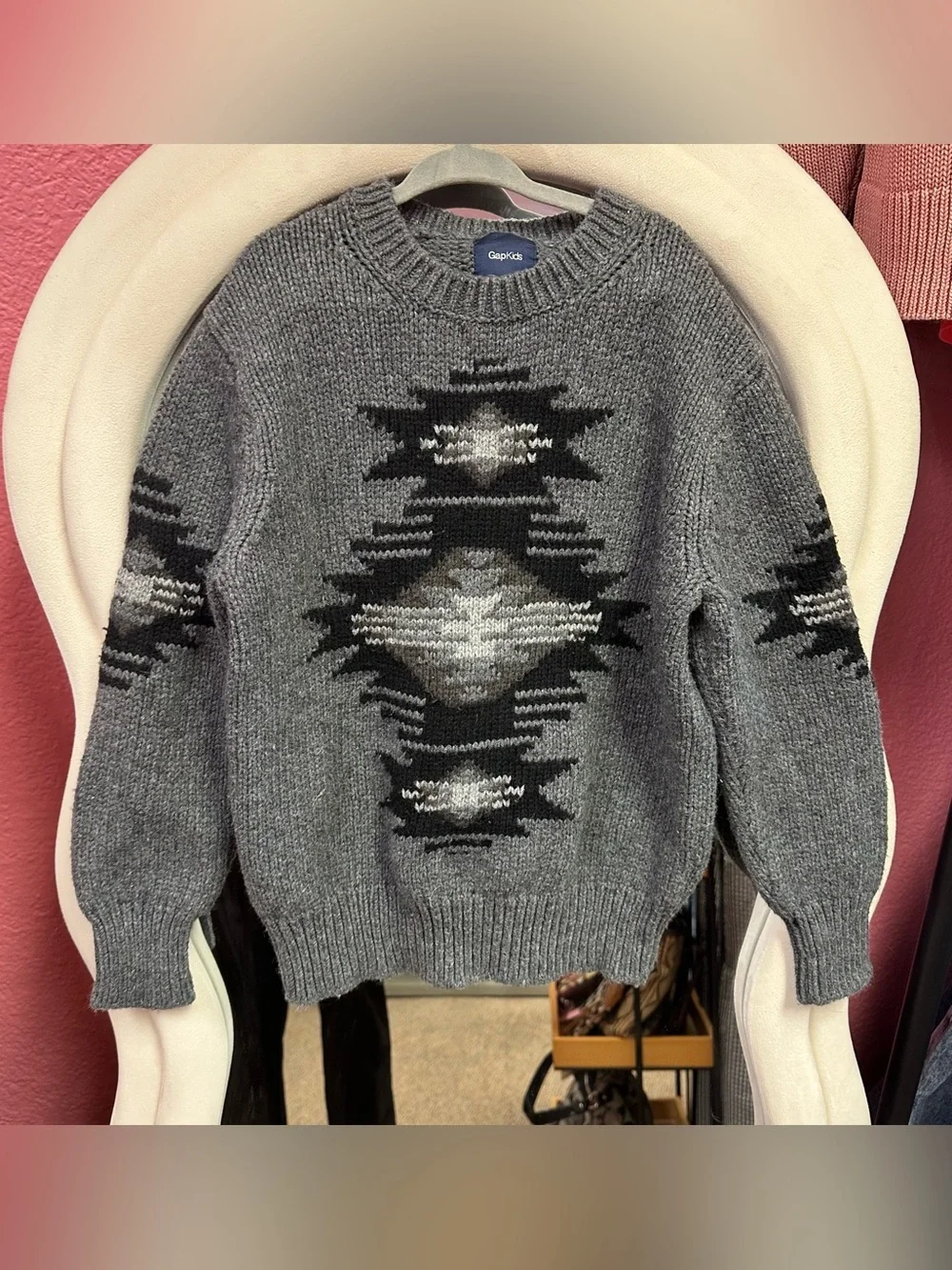 GAP Kids Gray Crewneck Sweater with Black Aztec Motif